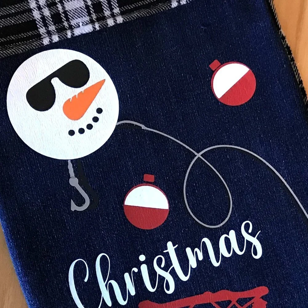 Handmade Denim Christmas Stocking, Lake House Fishing Decor Pontoon Boat S-M